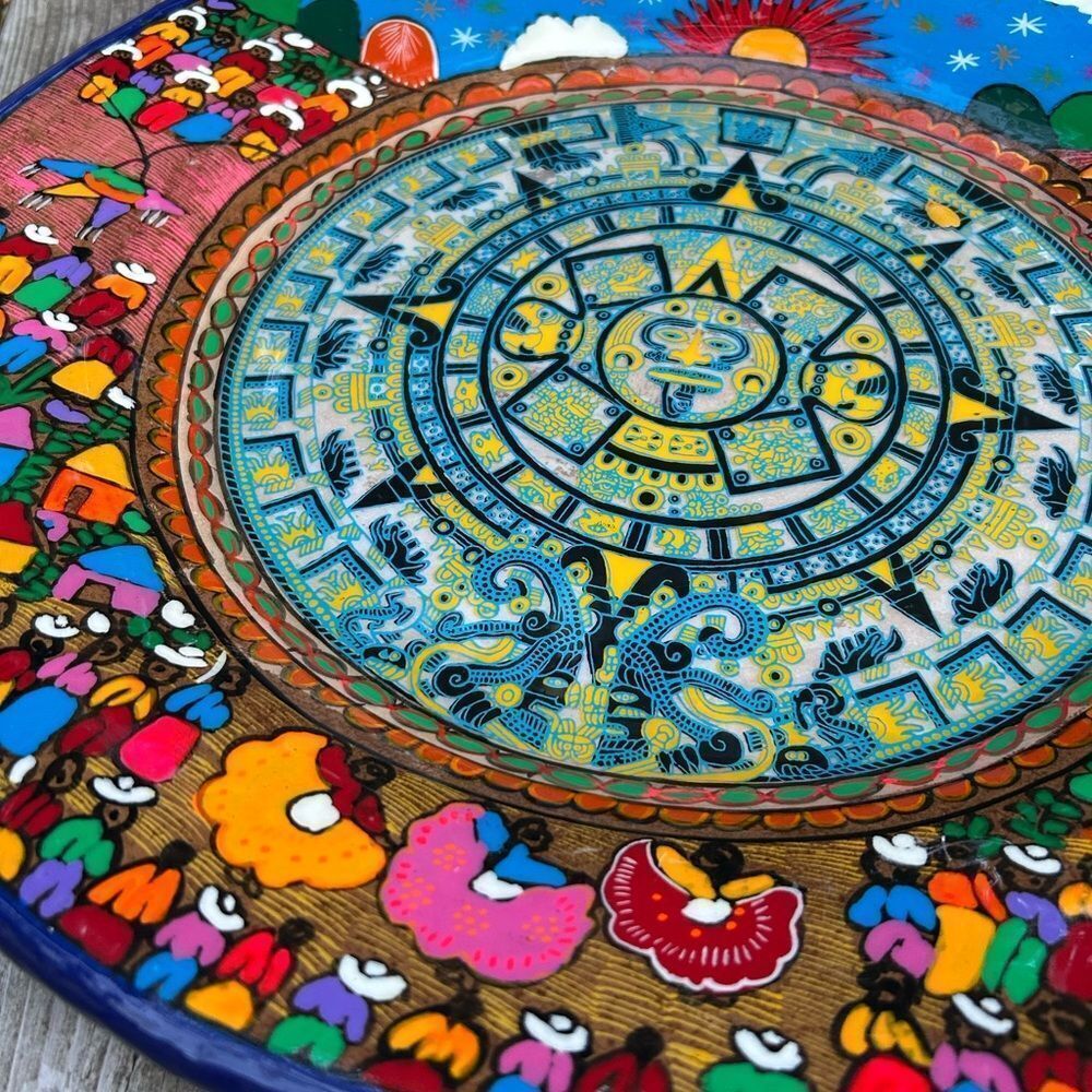 Mexican Folk Art Plate Terracotta Pottery Wall Hanging Hand Painted 16” - Picture 6 of 16
